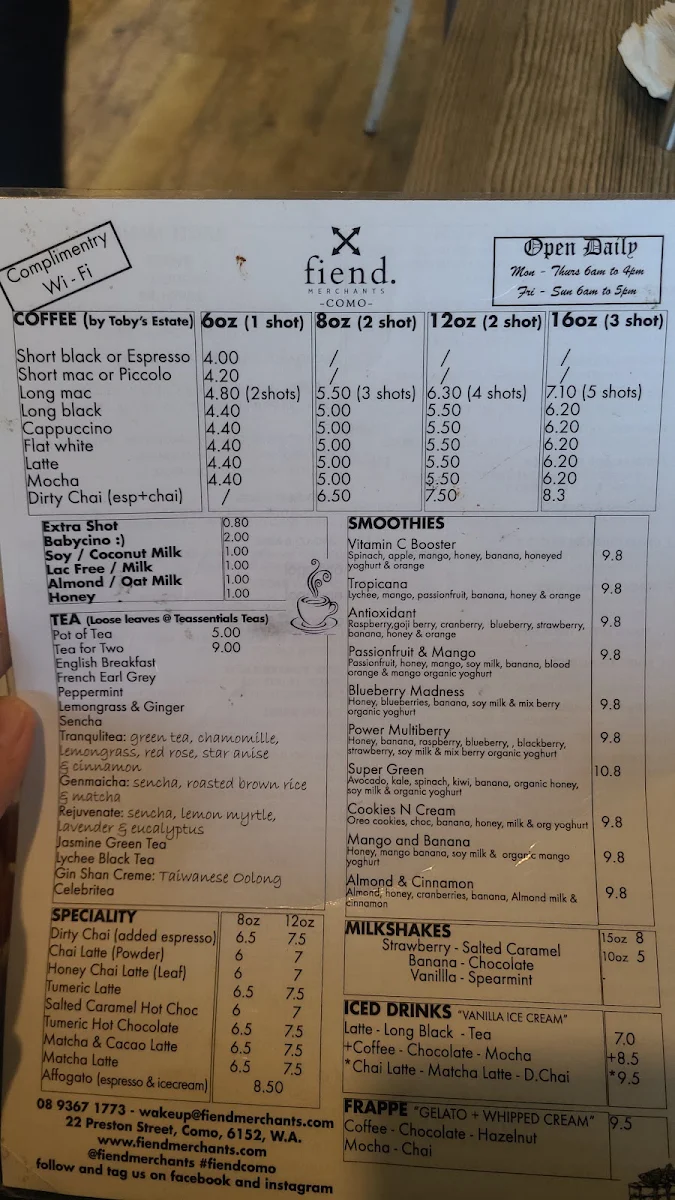 Menu, FIEND MERCHANTS - artisanal coffee, breakfast, raw treats, brunch, smoothies, pastries
