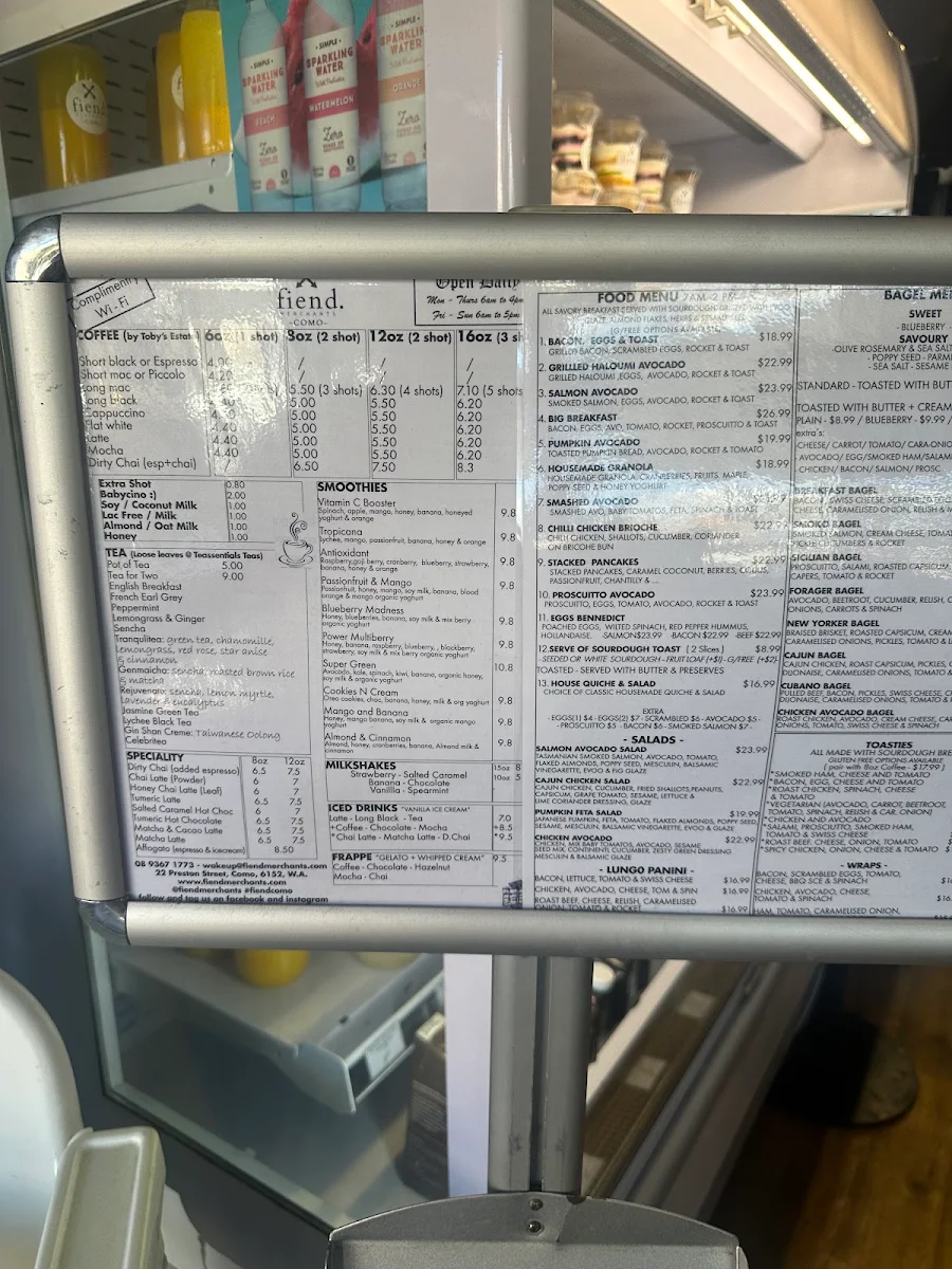 Menu, FIEND MERCHANTS - artisanal coffee, breakfast, raw treats, brunch, smoothies, pastries