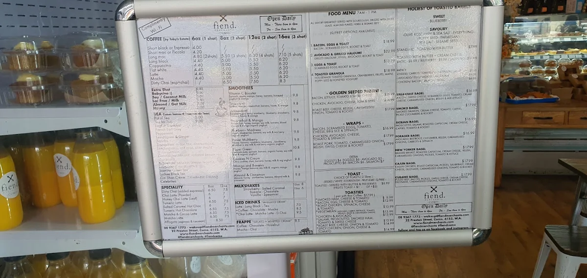 Menu, FIEND MERCHANTS - artisanal coffee, breakfast, raw treats, brunch, smoothies, pastries