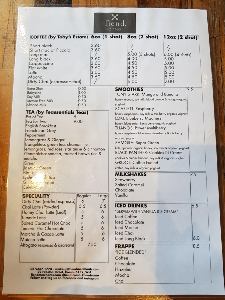 Menu, FIEND MERCHANTS - artisanal coffee, breakfast, raw treats, brunch, smoothies, pastries