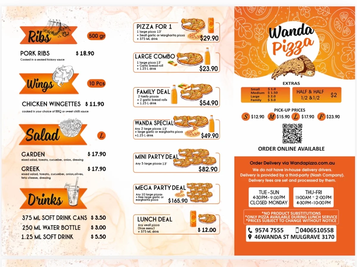 Menu, Wanda Pizza