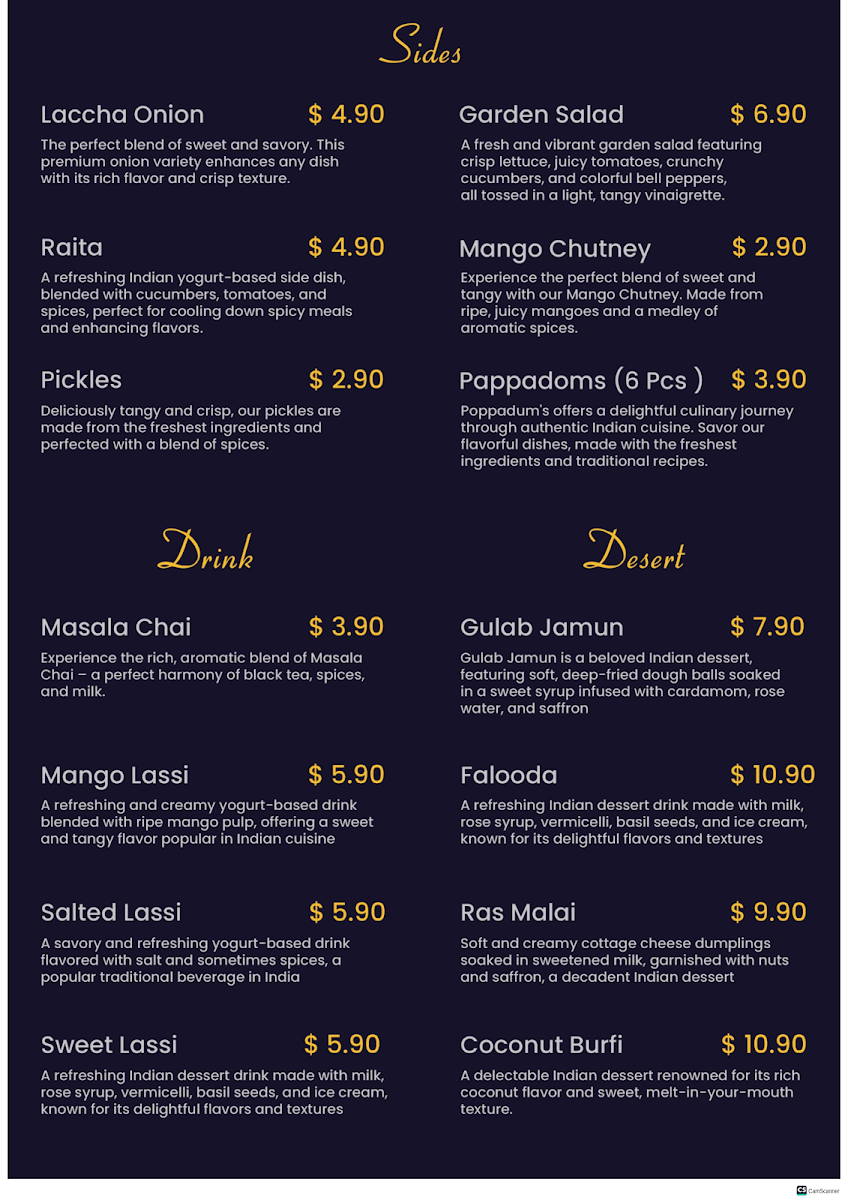 Menu, Delhi Junction