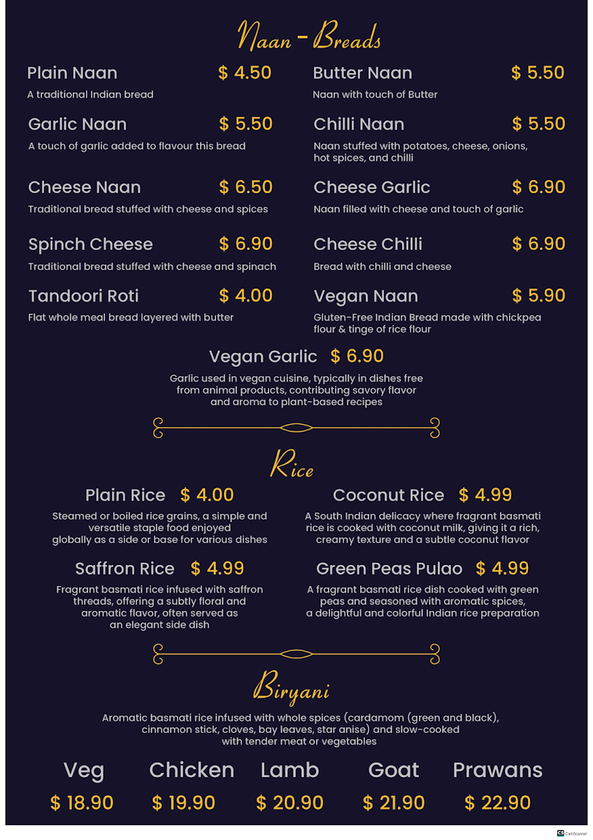 Menu, Delhi Junction