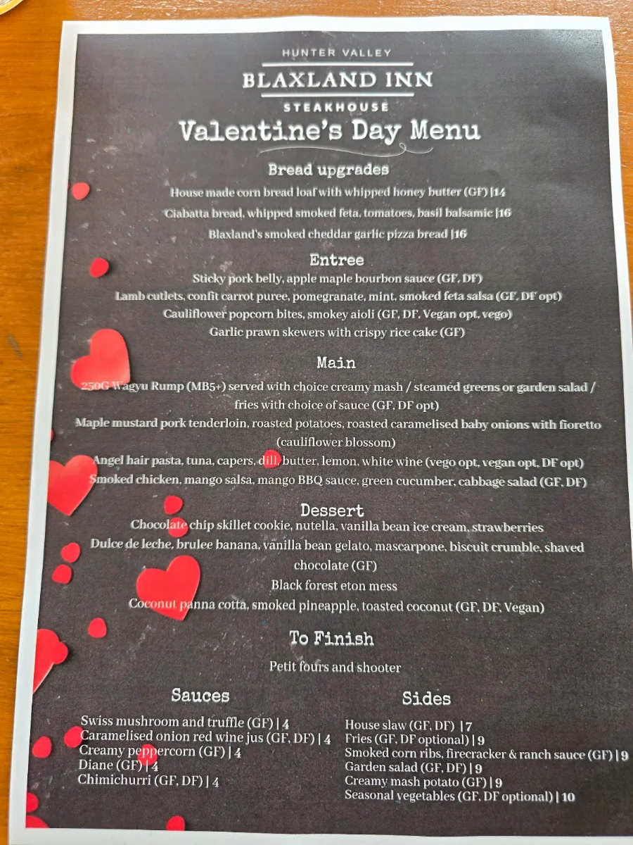 Menu, Blaxland Inn
