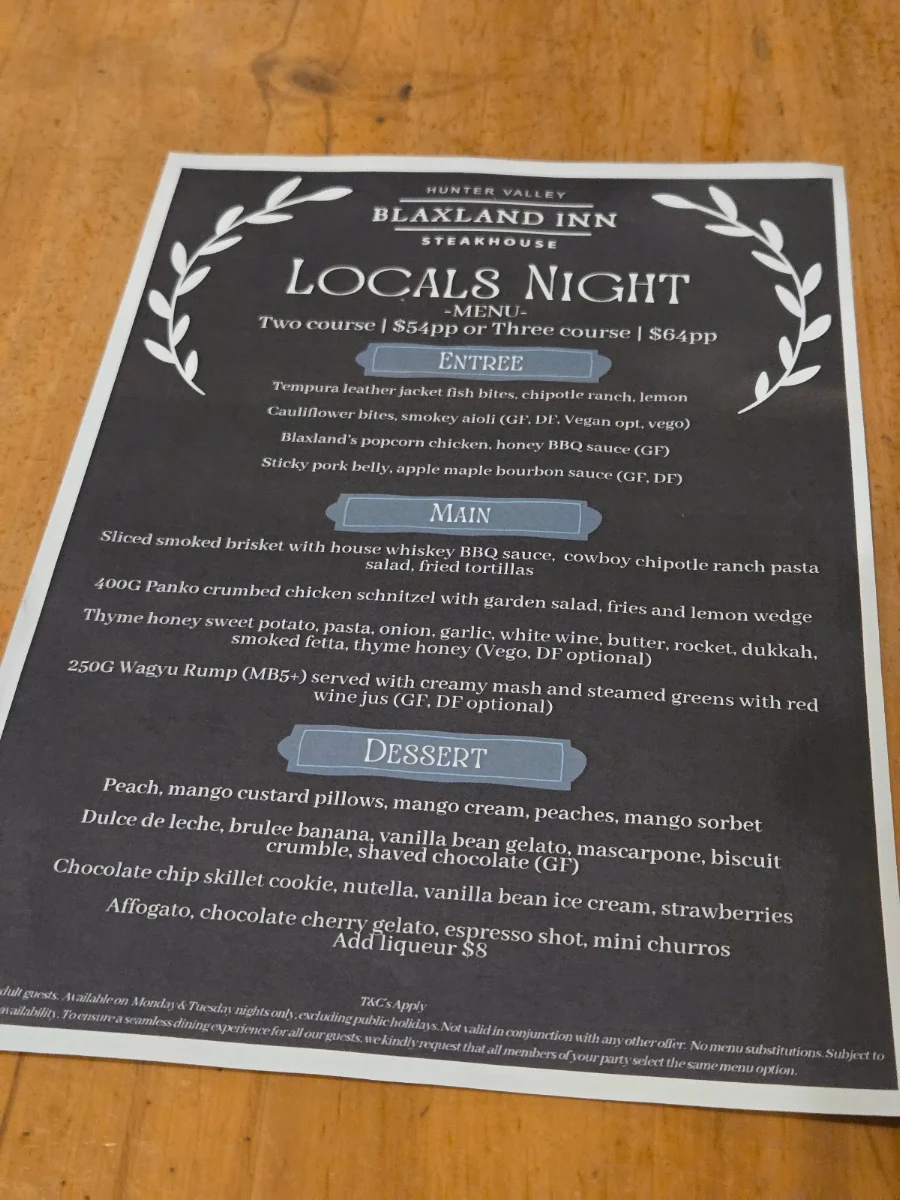 Menu, Blaxland Inn