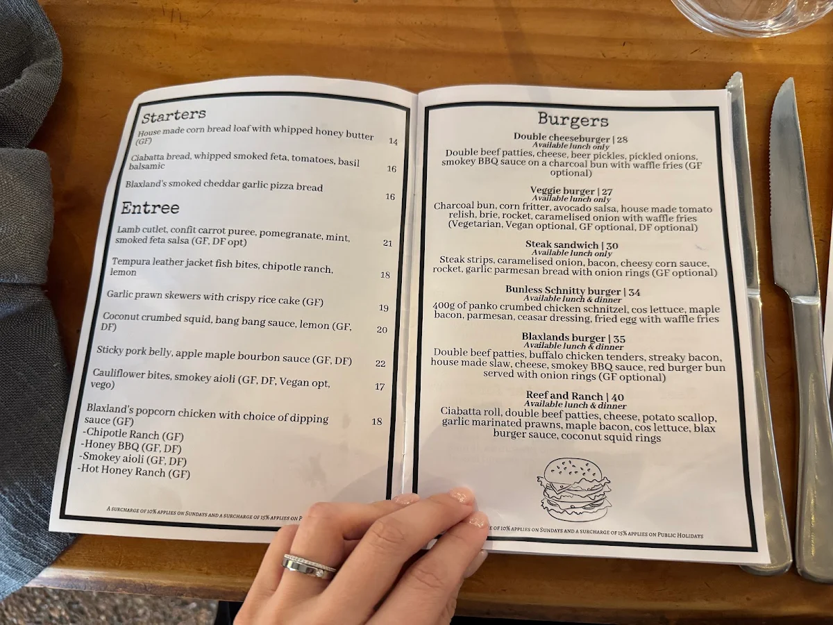 Menu, Blaxland Inn