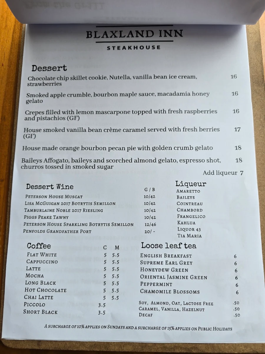 Menu, Blaxland Inn