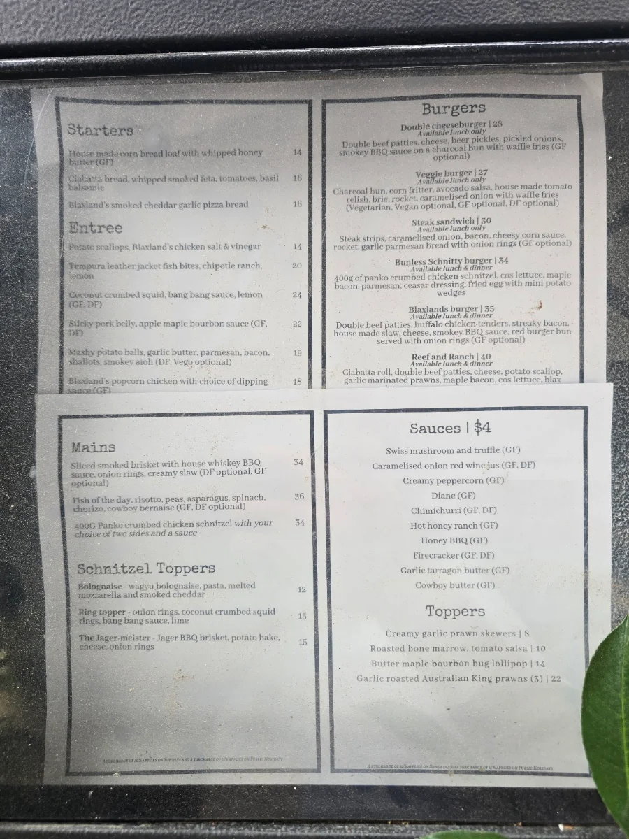Menu, Blaxland Inn
