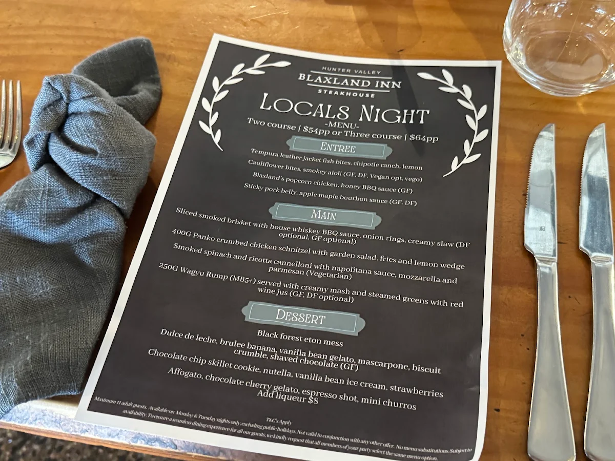 Menu, Blaxland Inn