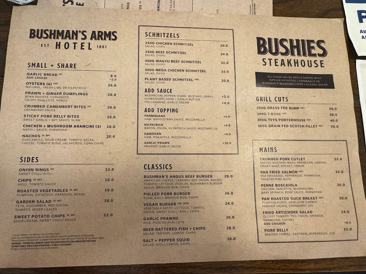 Menu, Bushman’s Grill
