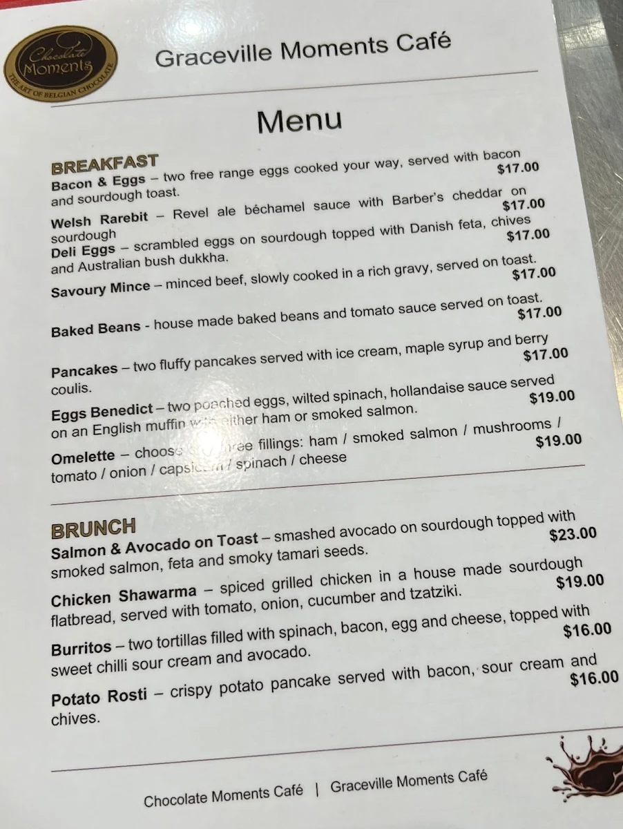 Menu, Graceville Moments Cafe & Catering