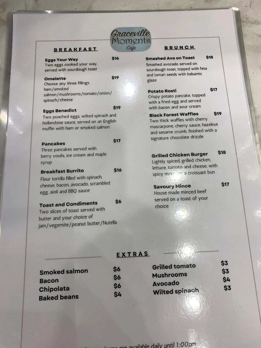 Menu, Graceville Moments Cafe & Catering