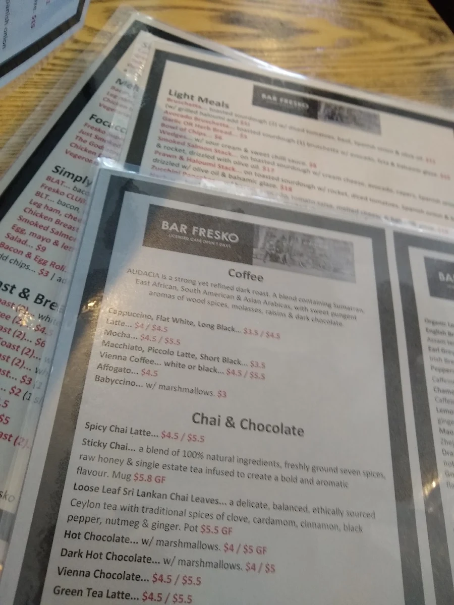 Menu, Bar Fresko Gordon