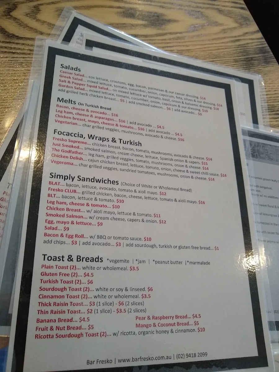 Menu, Bar Fresko Gordon