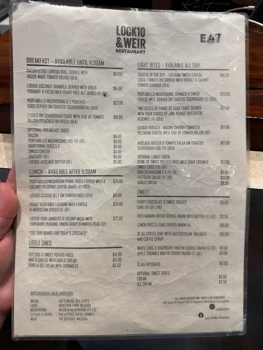 Menu, Lock 10 & Weir Restaurant