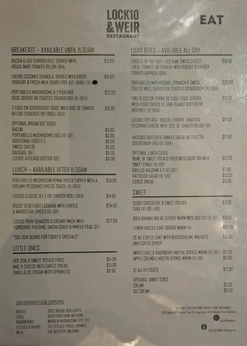 Menu, Lock 10 & Weir Restaurant