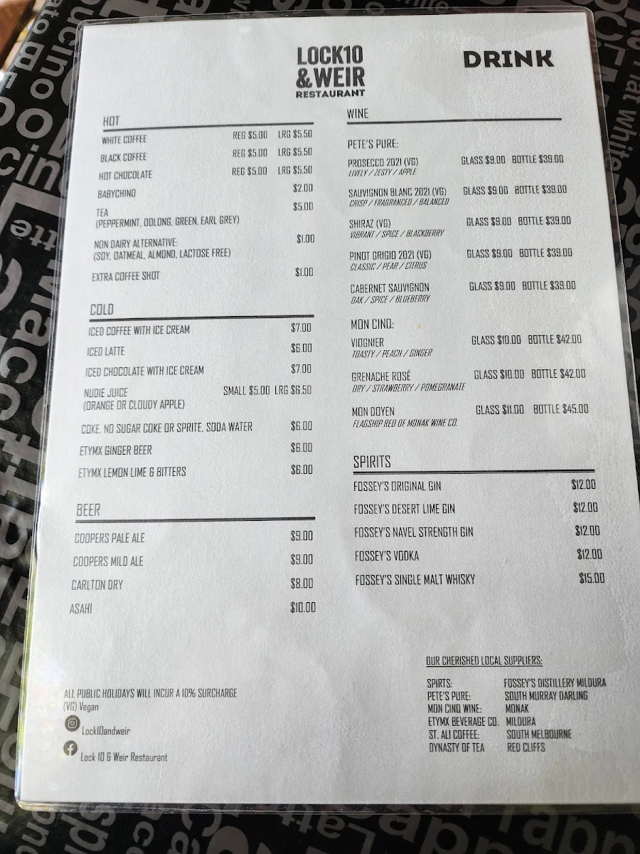 Menu, Lock 10 & Weir Restaurant