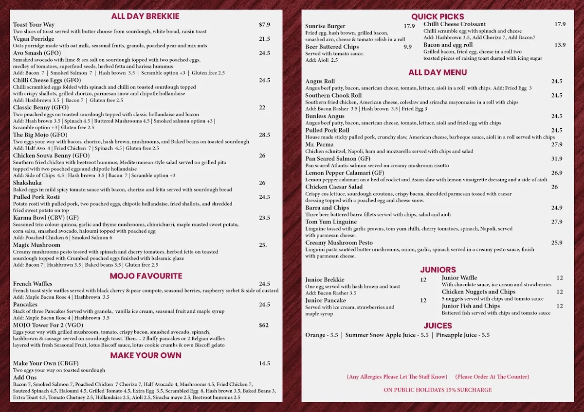 Menu, Mocha Mojo Lounge - Fountain Gate Cafe