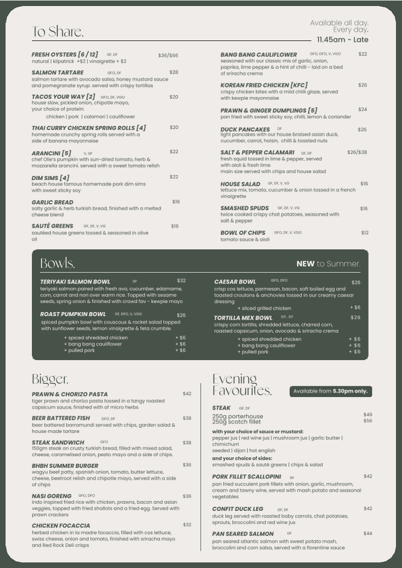 Menu, Beach House Barwon Heads