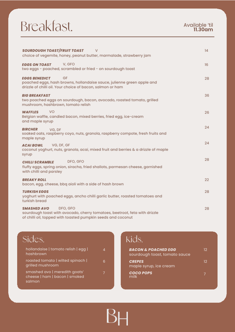 Menu, Beach House Barwon Heads