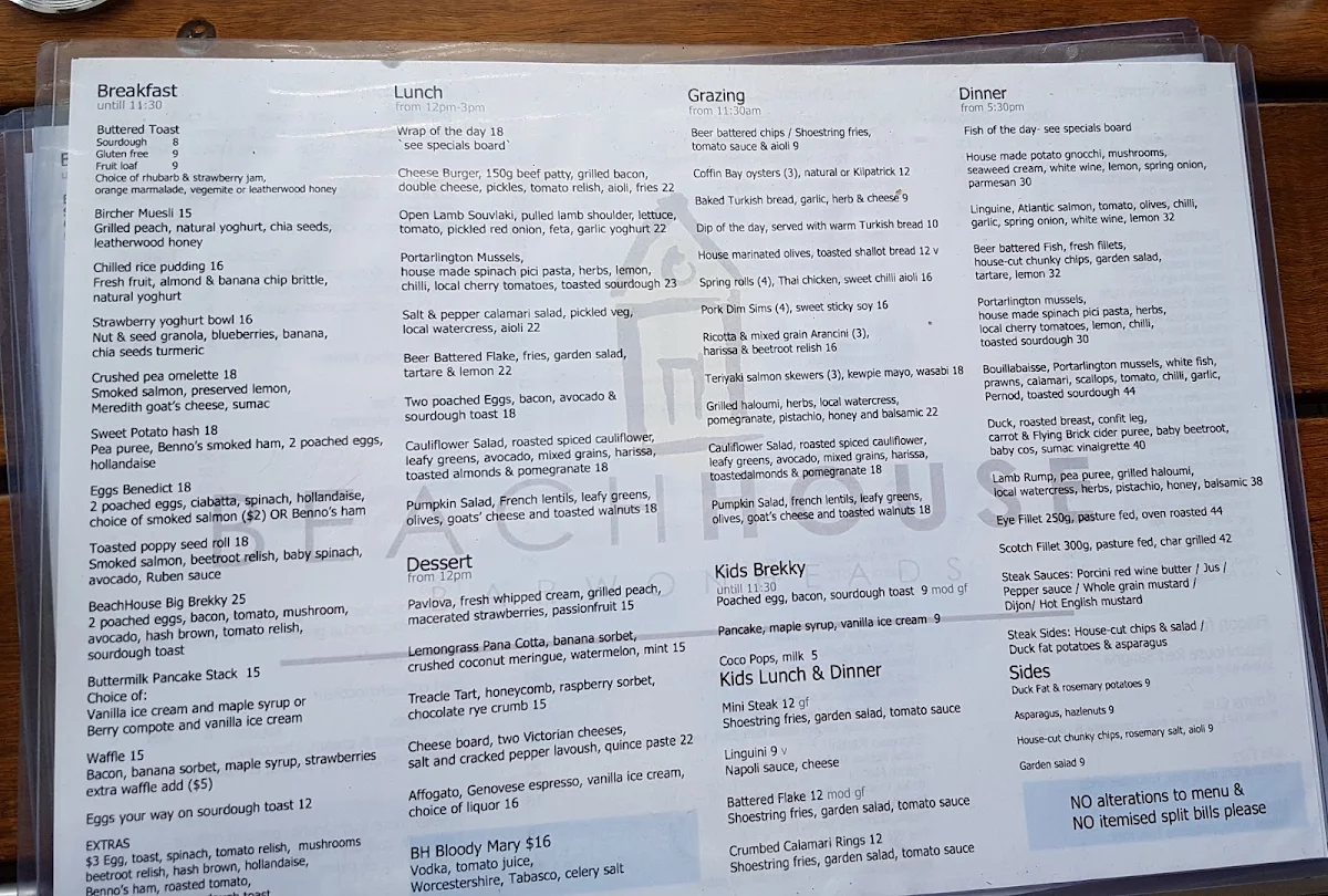 Menu, Beach House Barwon Heads
