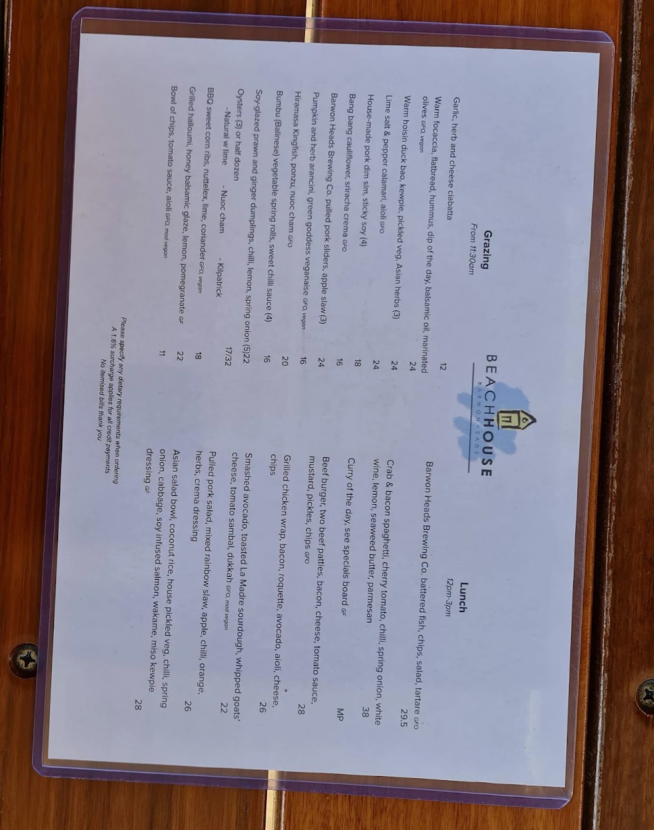 Menu, Beach House Barwon Heads