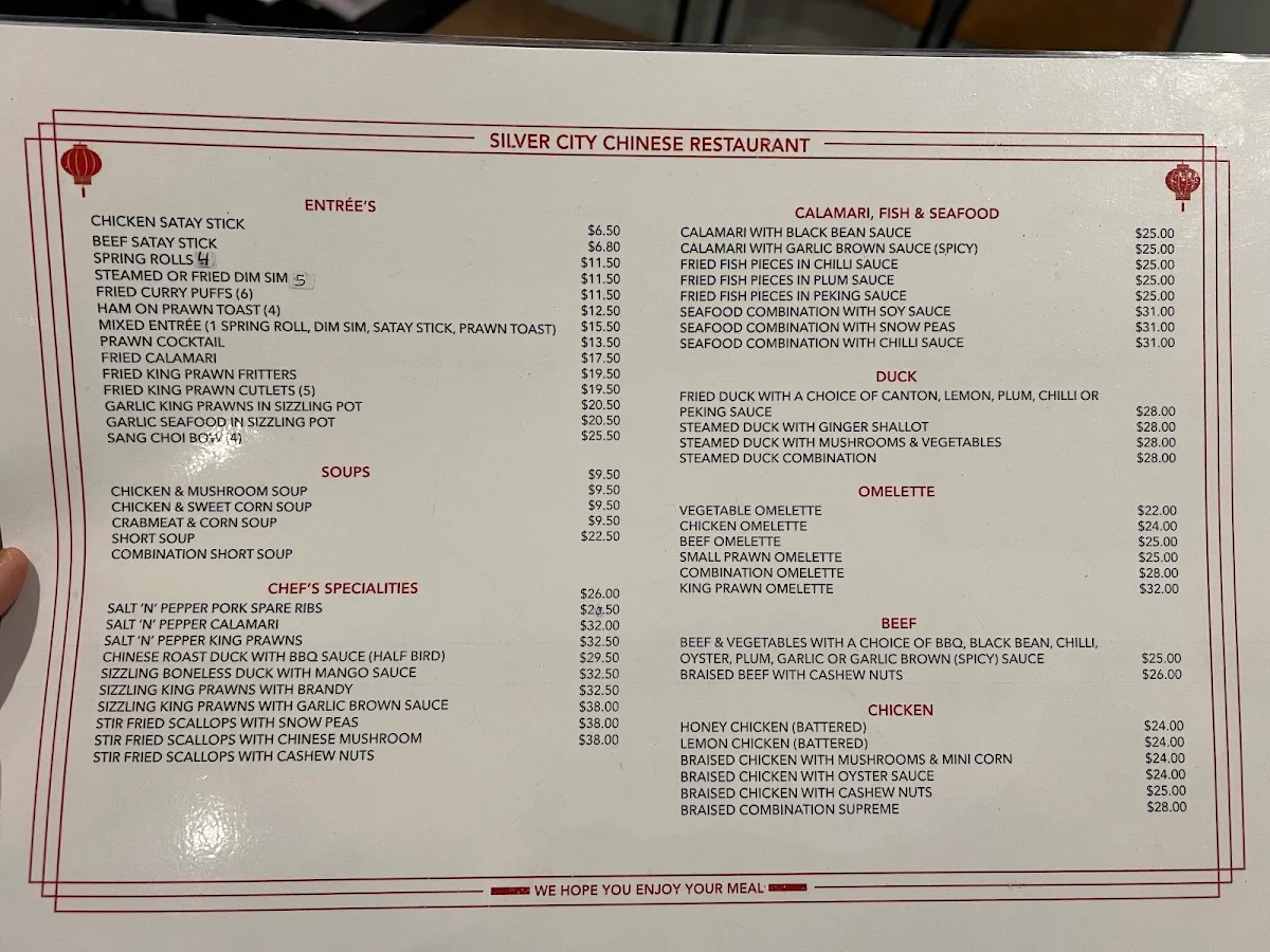 Menu, Silver City Chinese Restaurant
