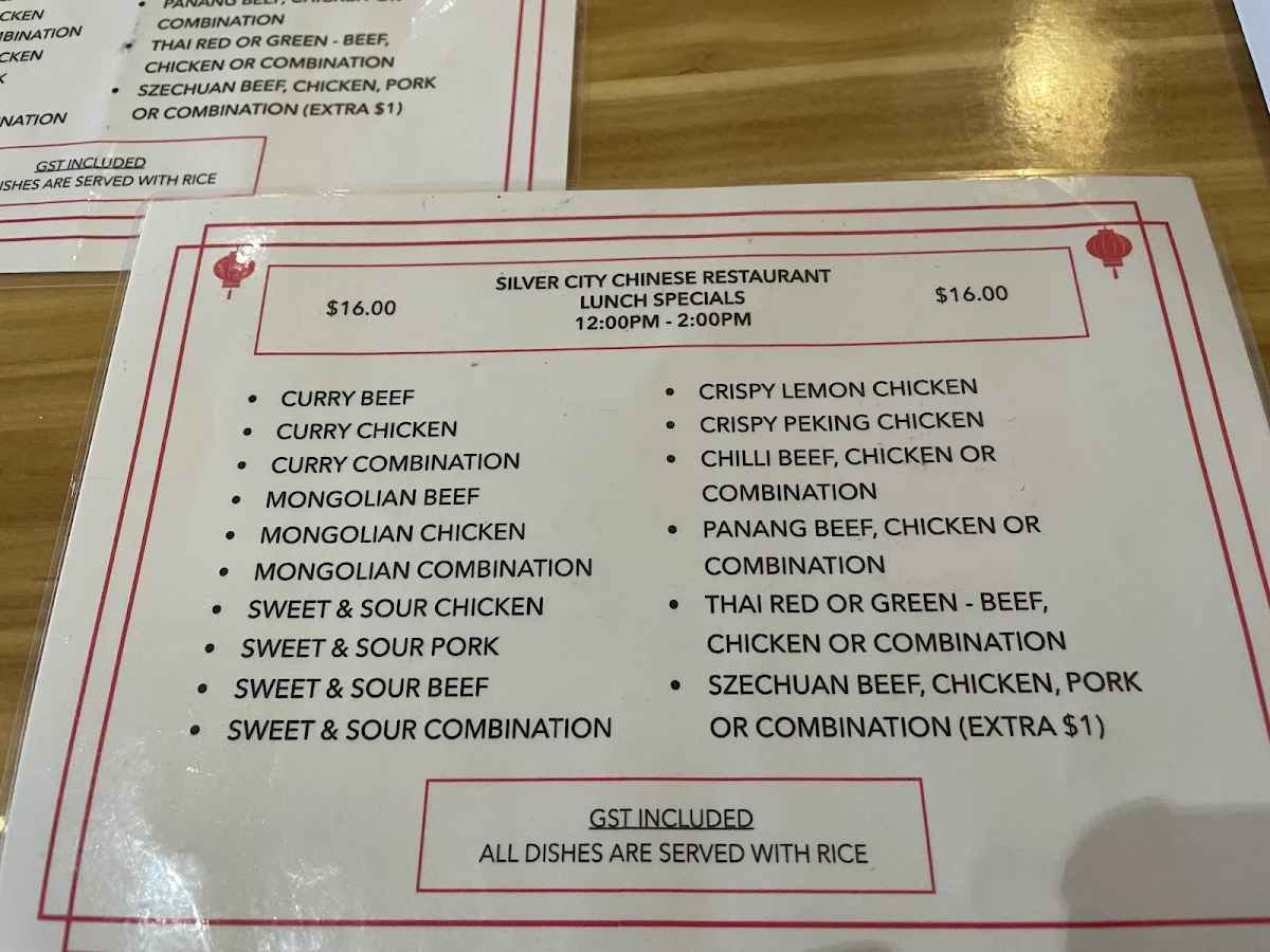 Menu, Silver City Chinese Restaurant