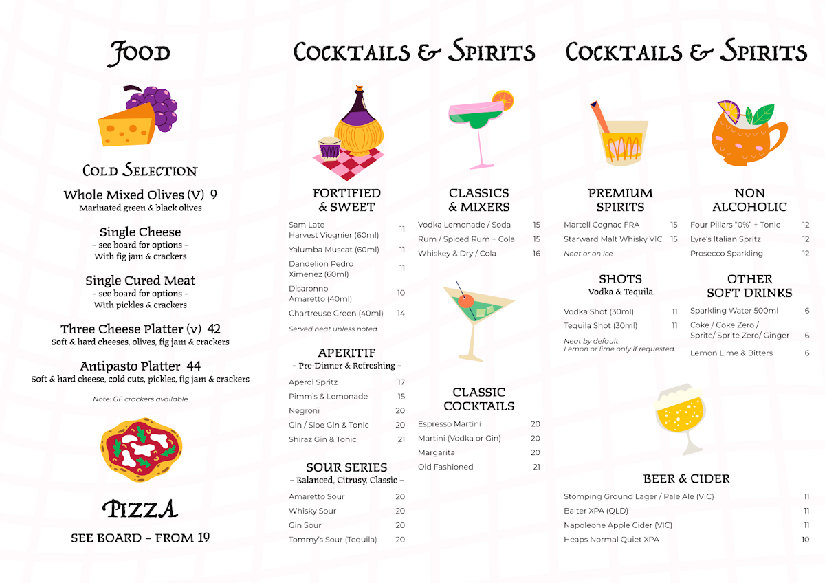 Menu, Ruelle Wine Bar