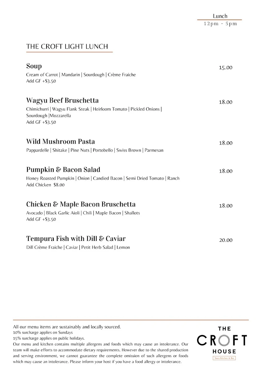 Menu, The Croft House