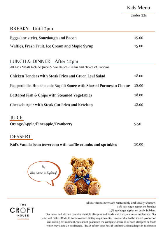 Menu, The Croft House