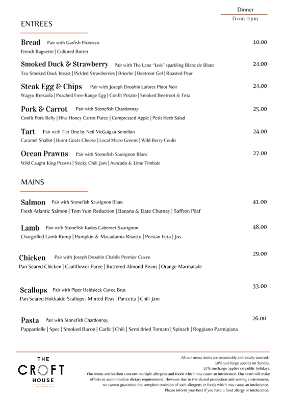 Menu, The Croft House