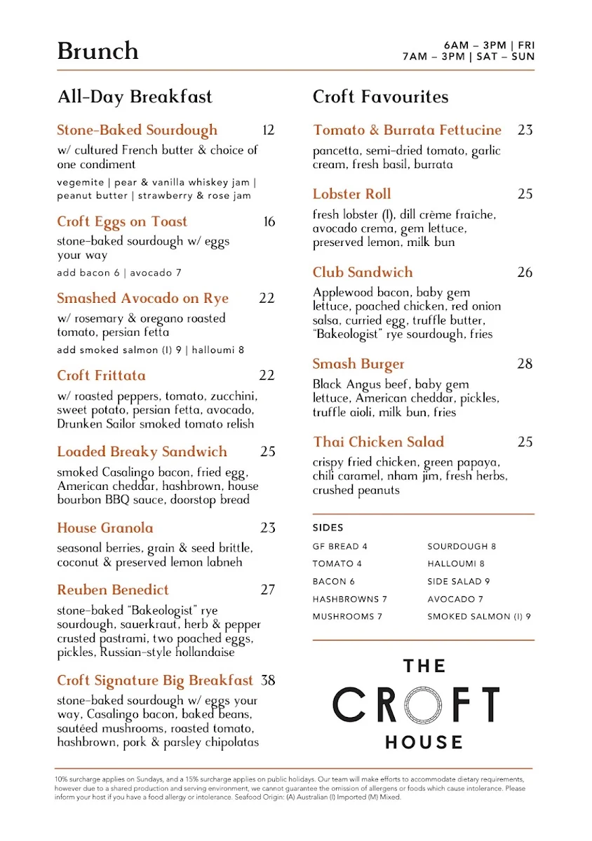 Menu, The Croft House