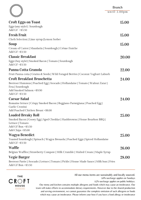 Menu, The Croft House