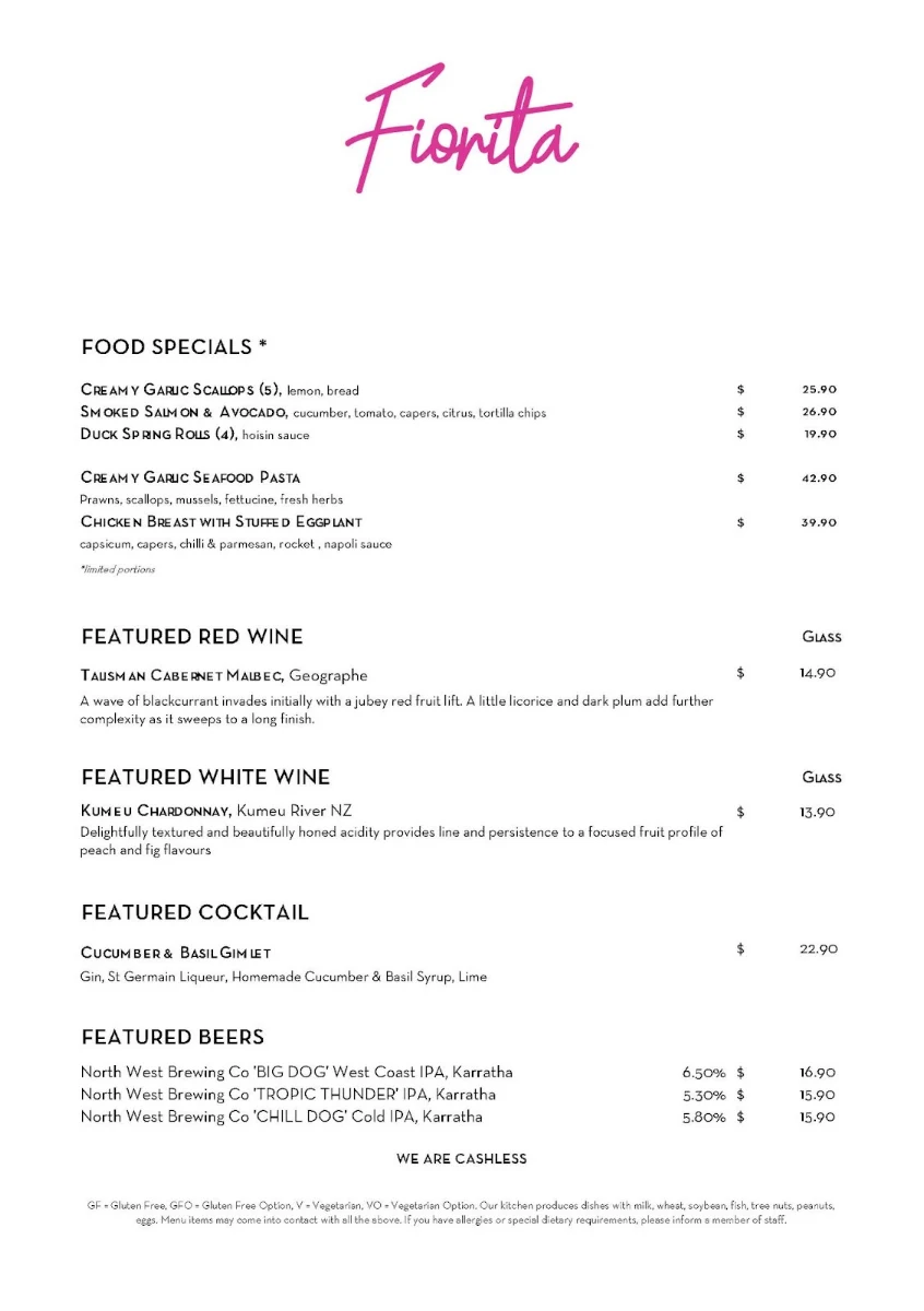 Menu, Fiorita Wine Bar & Restaurant