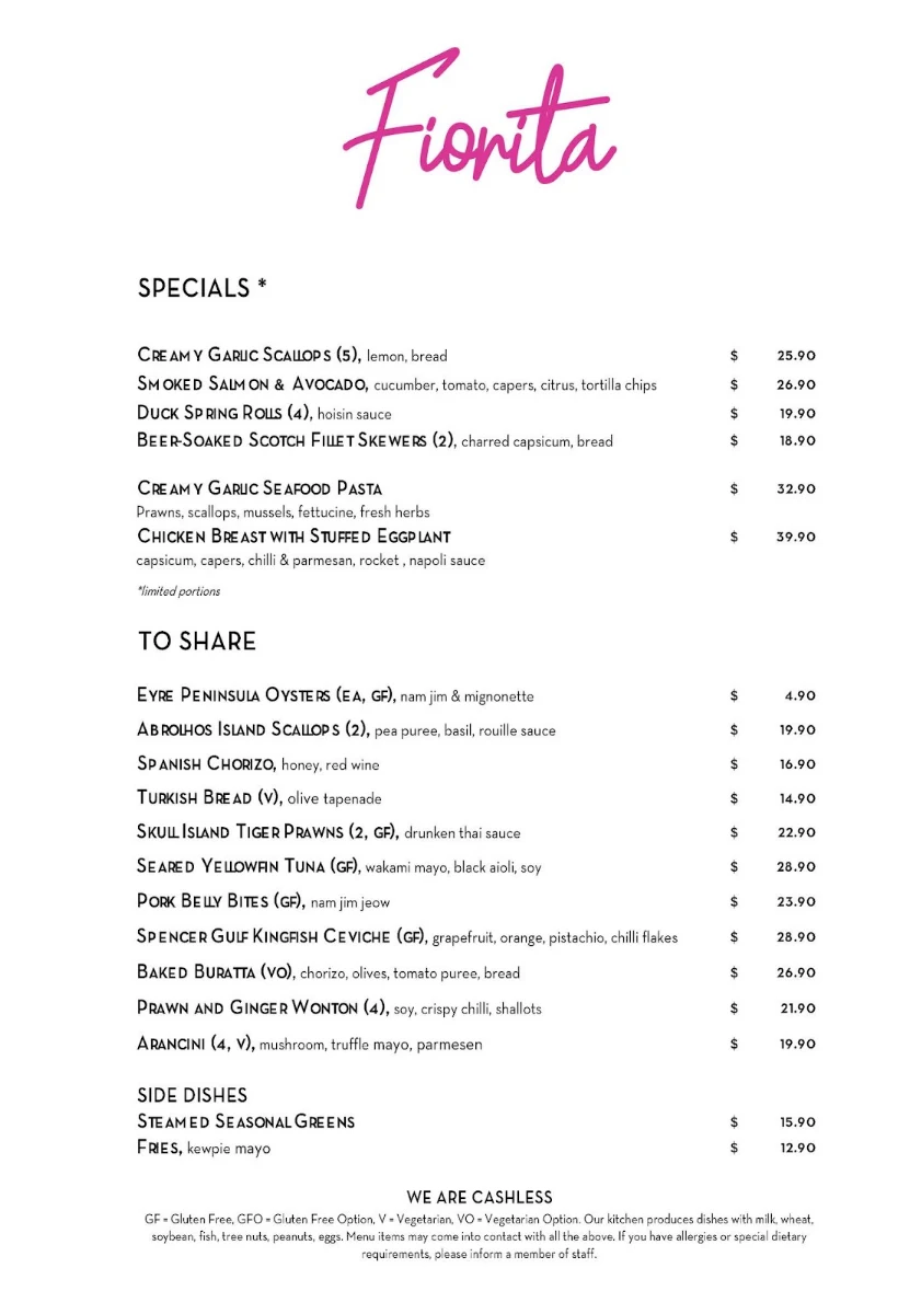 Menu, Fiorita Wine Bar & Restaurant