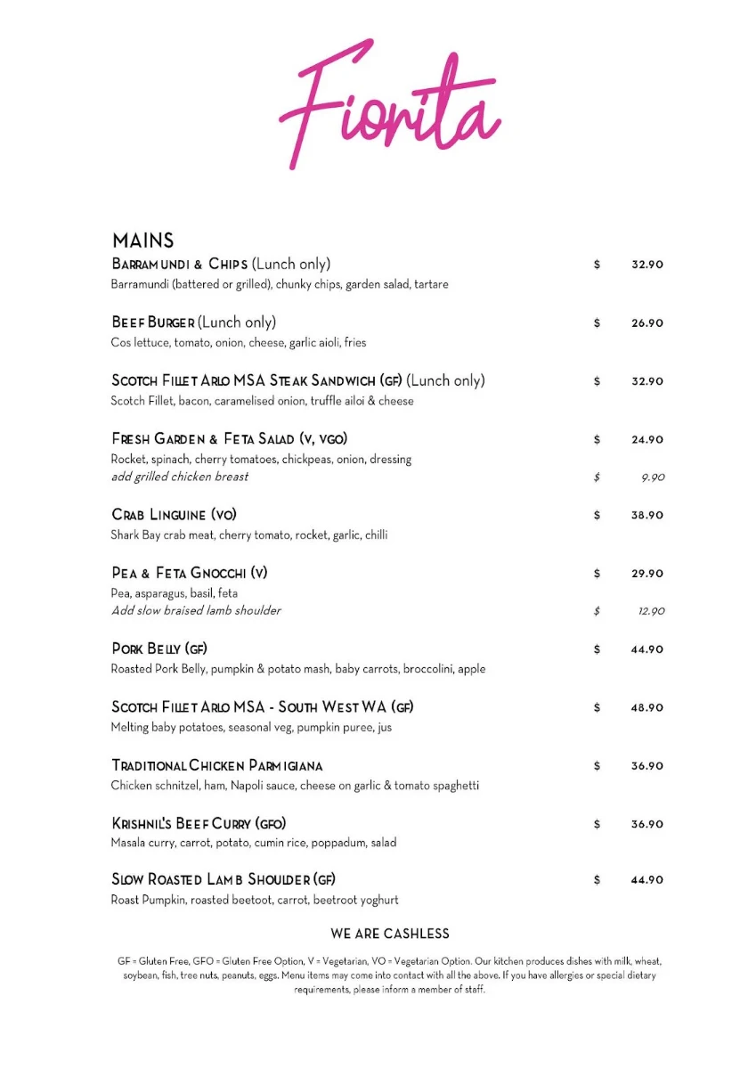 Menu, Fiorita Wine Bar & Restaurant