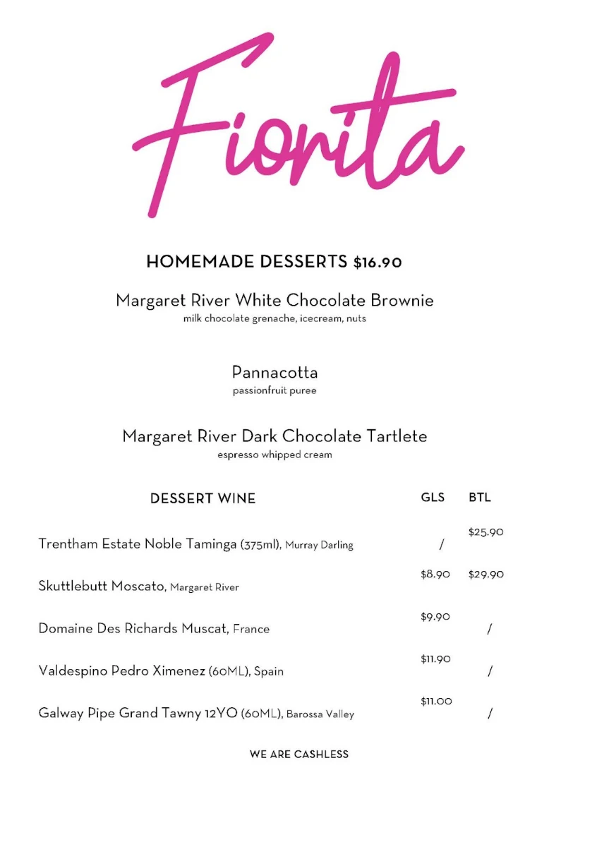 Menu, Fiorita Wine Bar & Restaurant