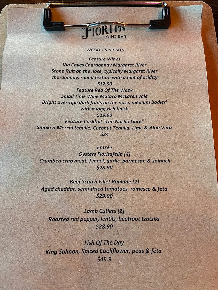 Menu, Fiorita Wine Bar & Restaurant
