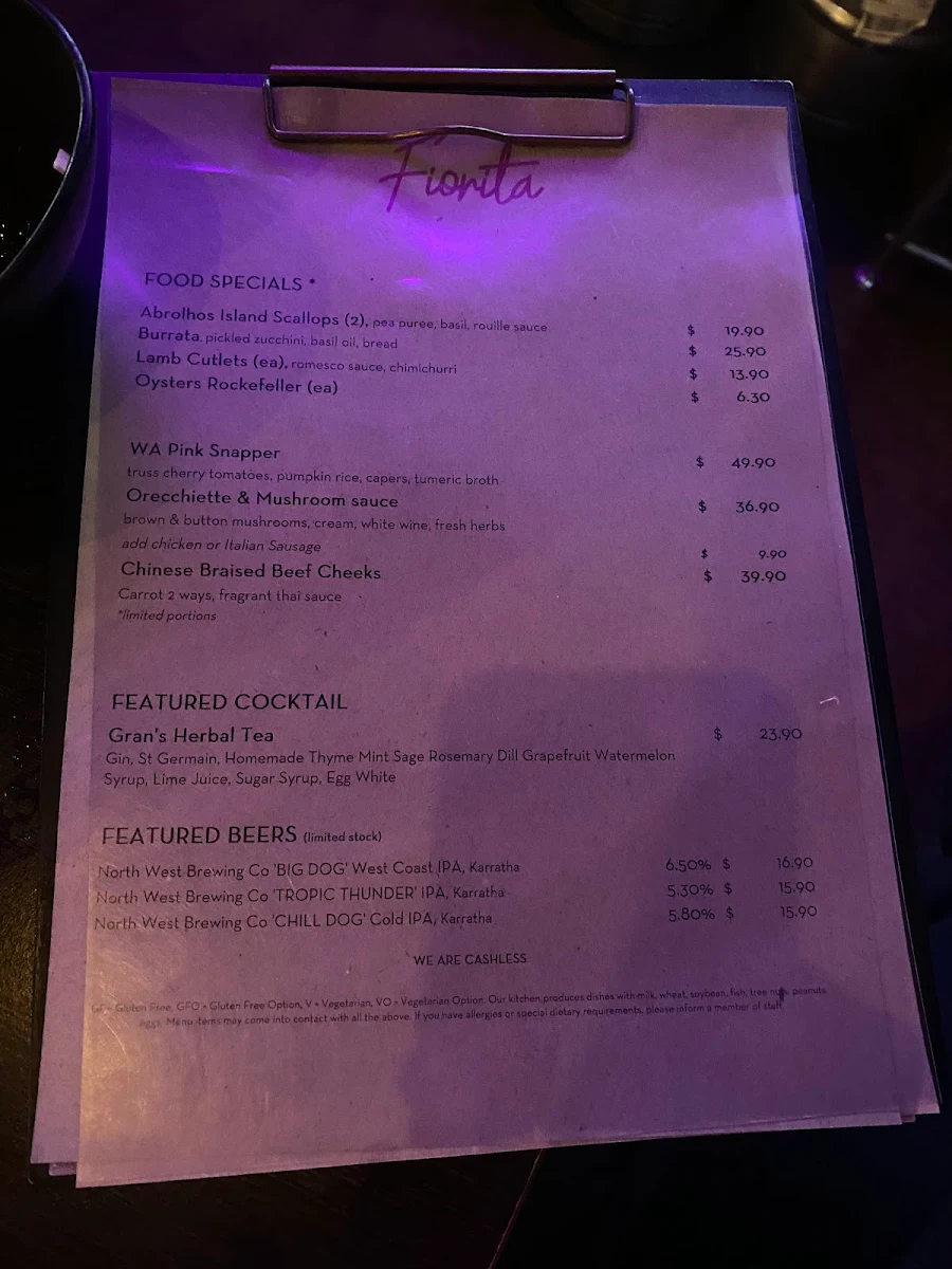 Menu, Fiorita Wine Bar & Restaurant