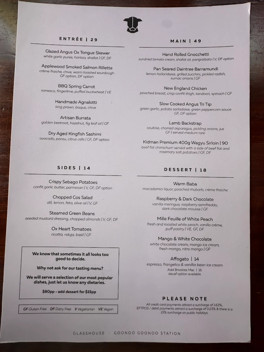 Menu, Glasshouse Restaurant