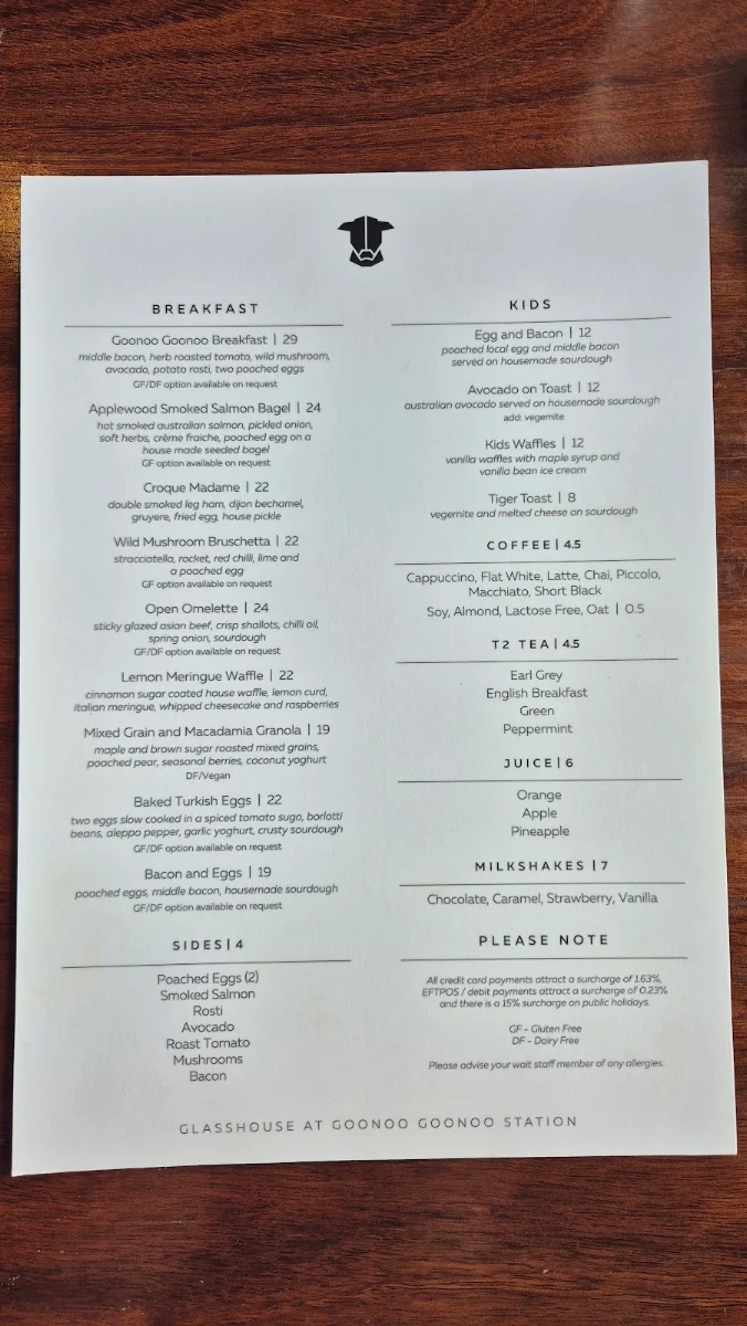 Menu, Glasshouse Restaurant