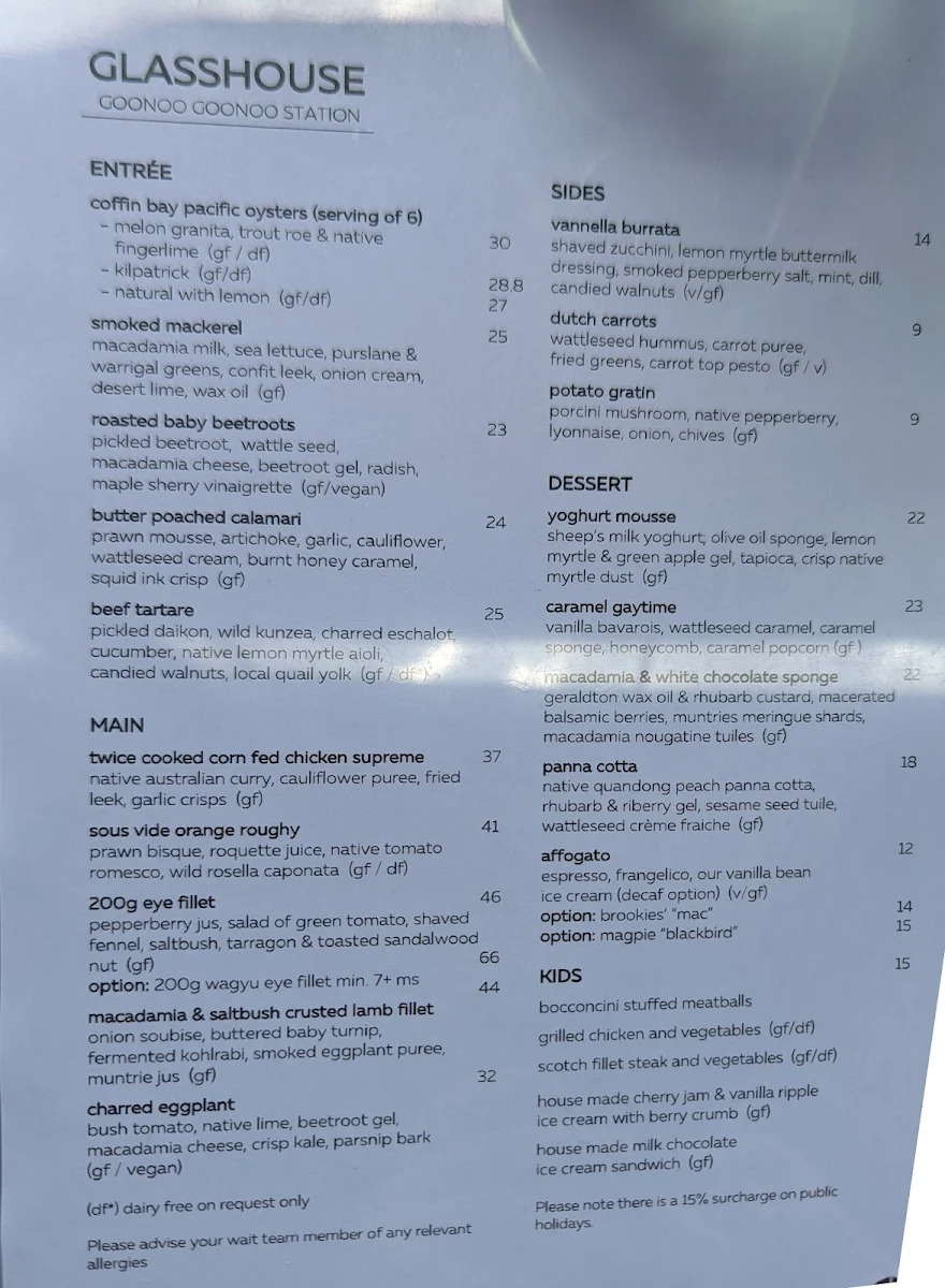 Menu, Glasshouse Restaurant