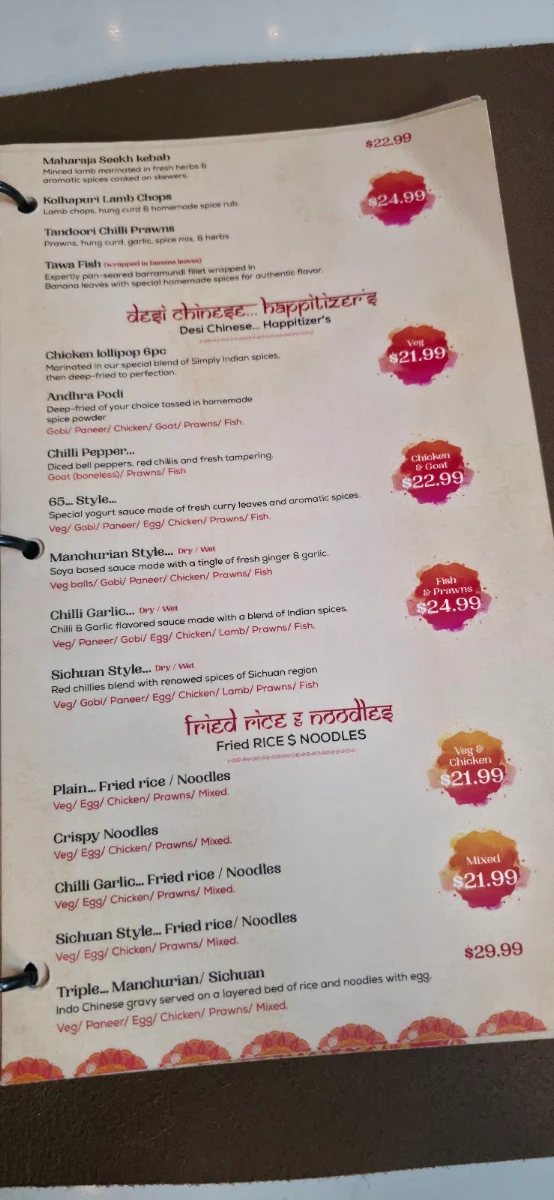 Menu, Simply Indian Harris Park