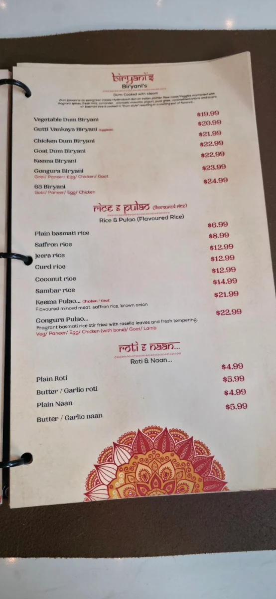 Menu, Simply Indian Harris Park