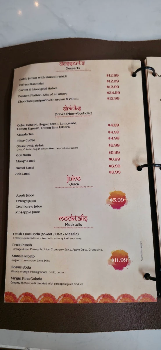 Menu, Simply Indian Harris Park