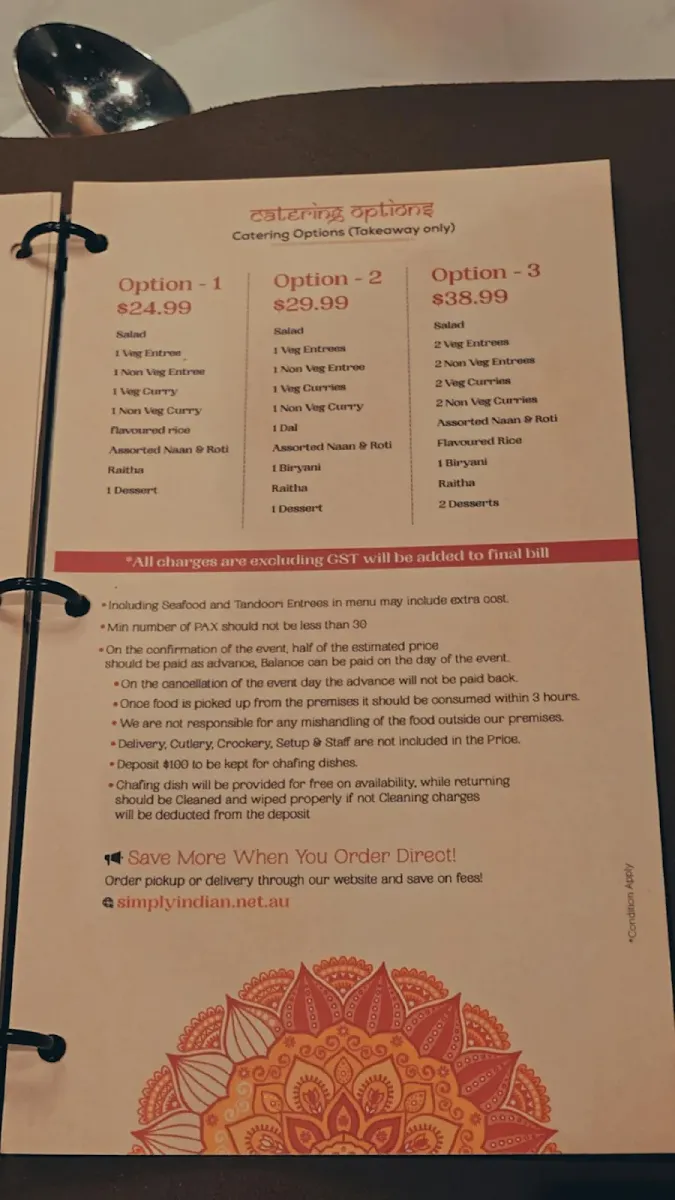 Menu, Simply Indian Harris Park