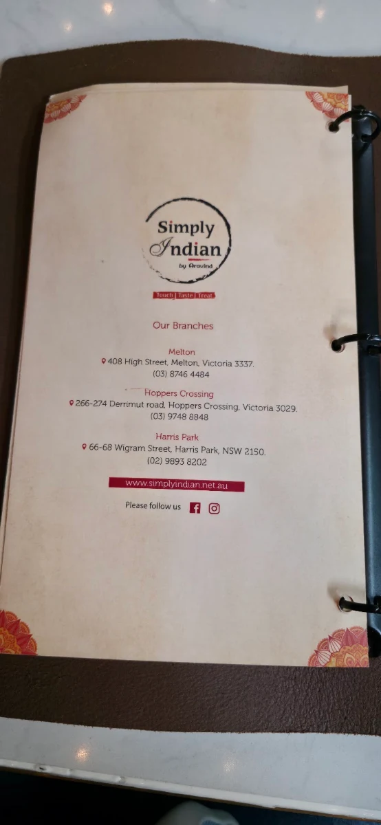 Menu, Simply Indian Harris Park