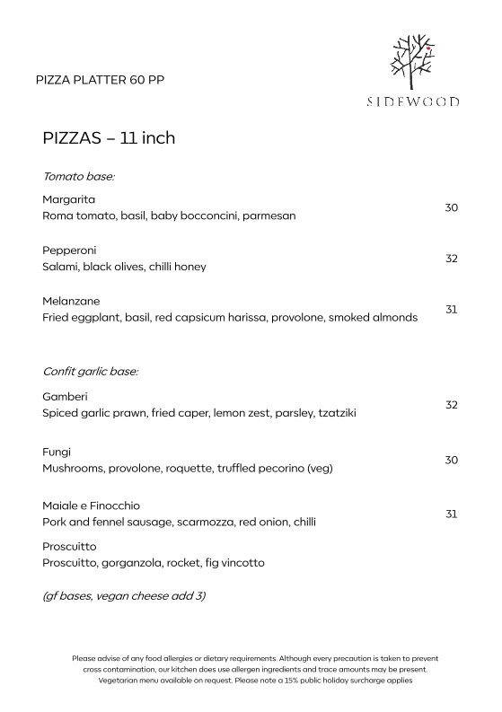 Menu, Sidewood Estate Restaurant