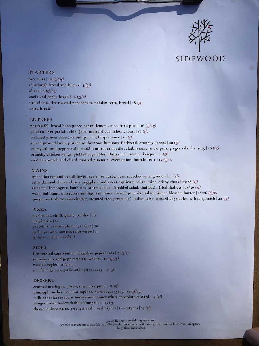 Menu, Sidewood Estate Restaurant